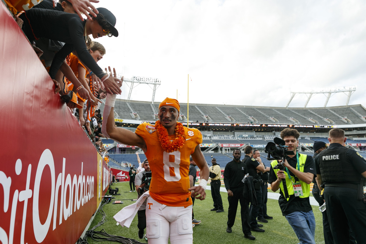 Tennessee Volunteers QB Nico Iamaleava after the win over Iowa. (Photo by Morgan Tencza of USA Today Sports)